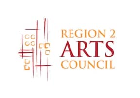 Region 2 Arts logo in gold and red letters On the left of the words is a design of lines, squares, and small circles.